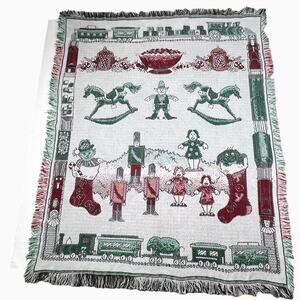 Christmas Holiday Throw Blanket Woven Tapestry Knit Green Red 59x47 Gifts Family